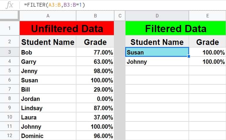 An example of how to filter by using an ordinary number/value as the condition for the FILTER function in Google Sheets- A list of students and their grades