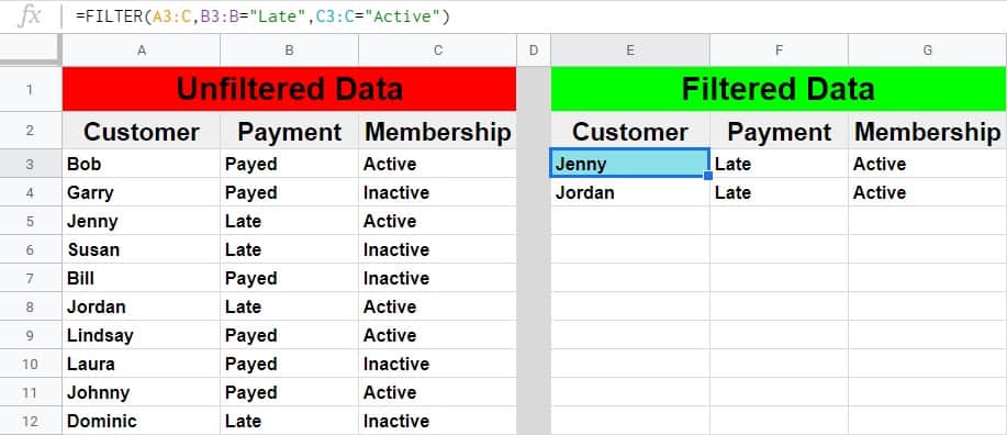Google Sheets filter by multiple conditions- A basic example of using AND logic in the filter conditions- A list of customers, their payment status, and their membership status