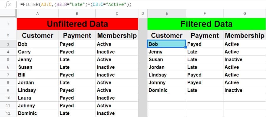 Google Sheets filter by multiple conditions- A basic example of using OR Logic in the filter conditions- A customer list showing payment/membership status