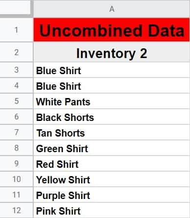 Continuation of the example on how to combine columns from separate sheets in Google Sheets- A second tab showing a second list of clothing items that are in inventory