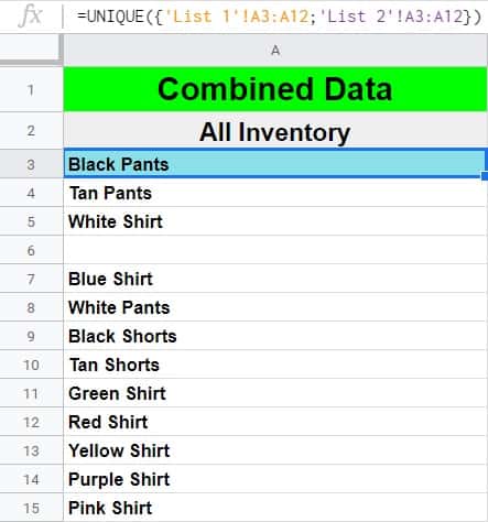 An example of how to combine columns from multiple sheets in Google Sheets- A tab showing a combined list of inventory, which is held on its own separate tab