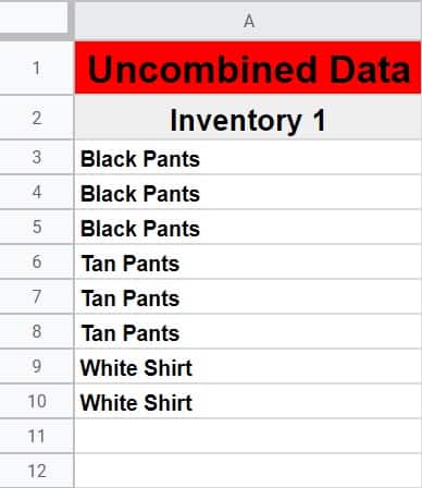 An example of how to combine columns from separate sheets in Google Sheets- A tab showing a list of clothing items that are in inventory