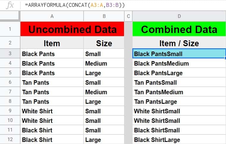 How to combine columns into one in Google Sheets with the ARRAYFORMULA function and the CONCAT function- Clothing items and sizes