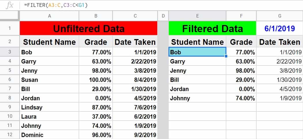Google Sheets filter by date- A basic example showing how to filter by date in Google Sheets by referencing a cell with a date in it - A list of students, their test scores, and dates of assessment