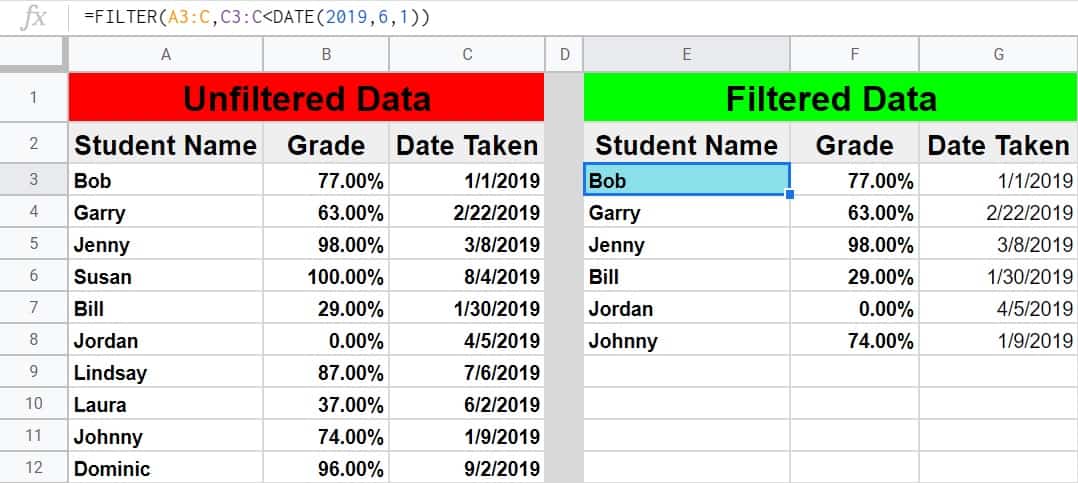 Google Sheets filter by date- A basic example showing how to filter by date in Google Sheets by using the DATE function- Students, scores, and assessment dates