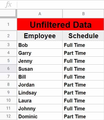 An example of how to filter from another sheet in Google Sheets- A tab showing an unfiltered list of employees and their work schedules