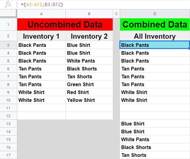 How to combine columns into one in Google Sheets with an array- Two different lists of clothing items