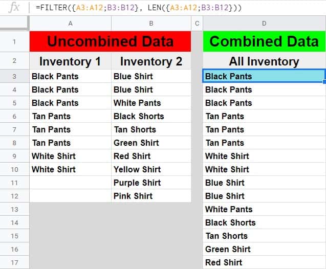 How to combine columns into one in Google Sheets with the FILTER function and the LEN function- Two lists of clothing items being combined into one