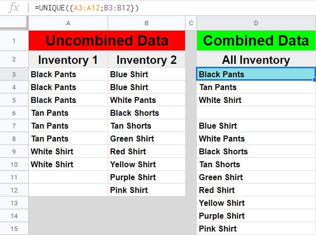 How to combine columns into one in Google Sheets with the UNIQUE function and the ARRAYFORMULA function- Two different inventory lists