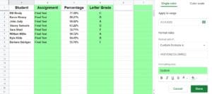 An example of how to alternate column color in Google Sheets by using a conditional formatting custom formula