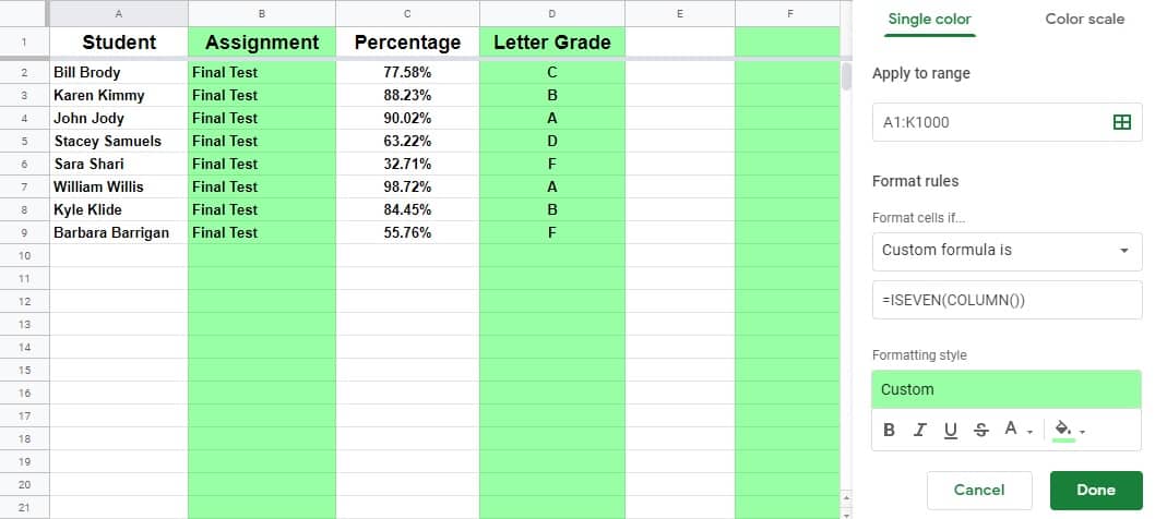 An example of how to alternate column color in Google Sheets by using a conditional formatting custom formula