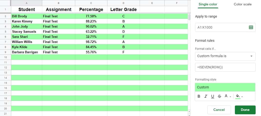 An example of how to alternate row color in Google Sheets by using a conditional formatting custom formula