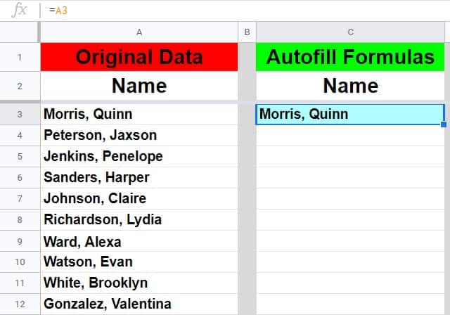 An example of how to fill down a formula that refers to a cell in another column in Google Sheets- Part 1 before dragging the fill handle down