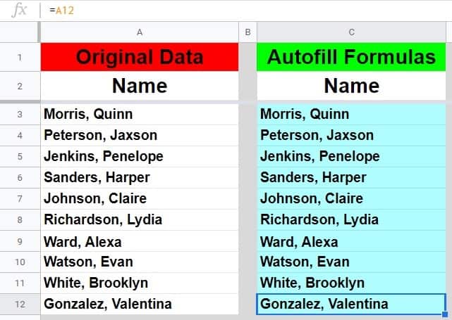 An example of how to fill down a formula that refers to a cell in another column in Google Sheets- Part 2 after dragging the fill handle down
