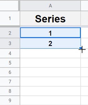 A demonstration of the Google Sheets fill handle, and what it looks like when the cursor turns into a plus sign (cross) when hovering over the correct place when using autofill