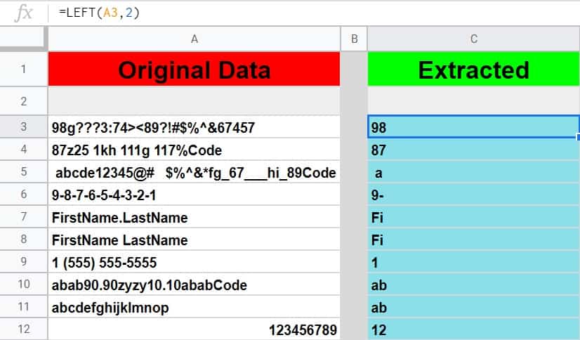 An example of how to extract N characters on the left of a string in Google Sheet by using the LEFT function