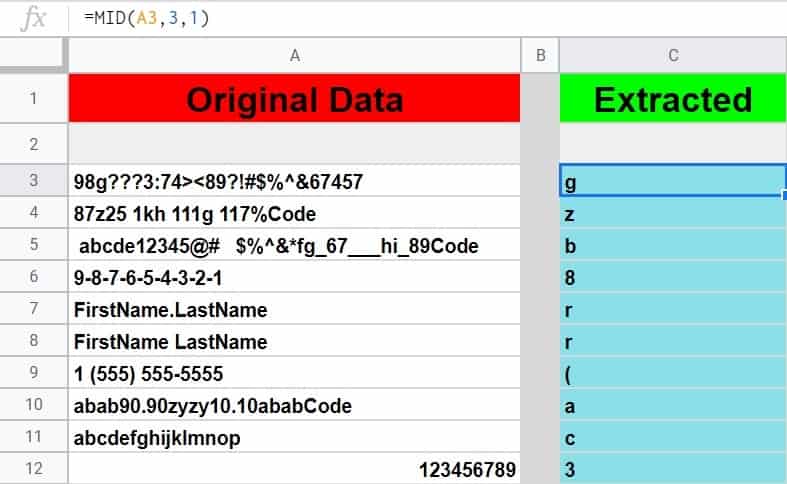 An example of how to extract N characters starting at the Nth character in Google Sheets by using the MID function