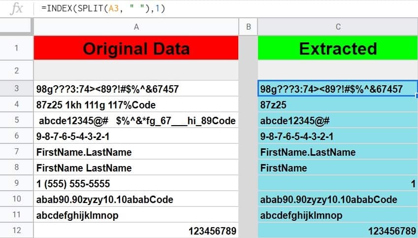 An example of how to extract the Nth word from a cell in Google Sheets by using the INDEX and SPLIT functions