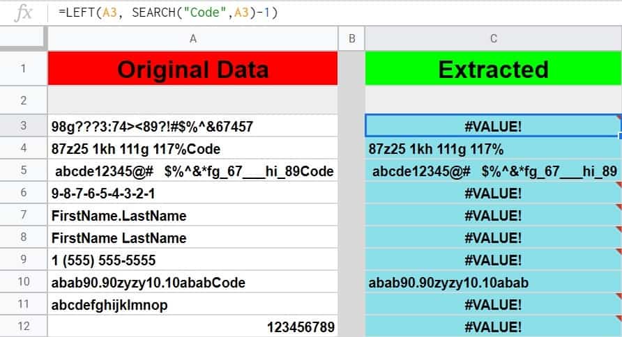 An example of how to extract characters before a suffix in Google Sheets by using the LEFT and SEARCH functions