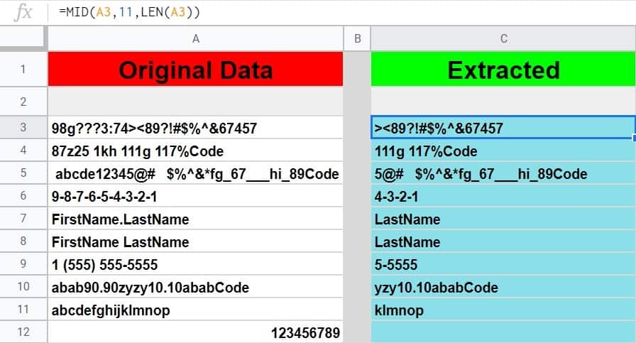 An example of how to extract the remaining characters in a string starting at the Nth character in Google Sheets by using the MID and LEN functions