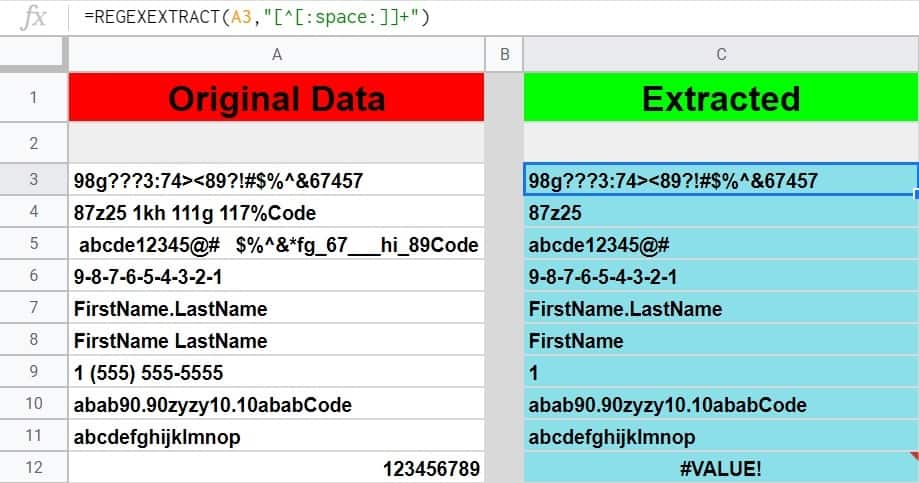 An example of how to extract the first word in Google Sheet by using the REGEXEXTRACT function- (i.e. extracting the first name from a cell)