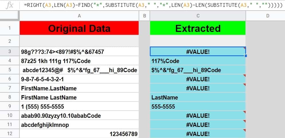 An example of how to extract the last name from a cell in Google Sheets