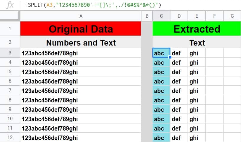 An example of how to extract text from a string in Google Sheets by using the SPLIT function