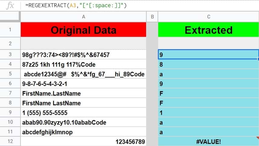 An example of how to extract the first character of a string in Google Sheet by using the REGEXEXTRACT function (Not Including Spaces)