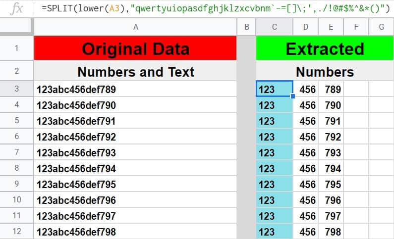 An example of how to extract numbers from a string in Google Sheets by using the SPLIT function