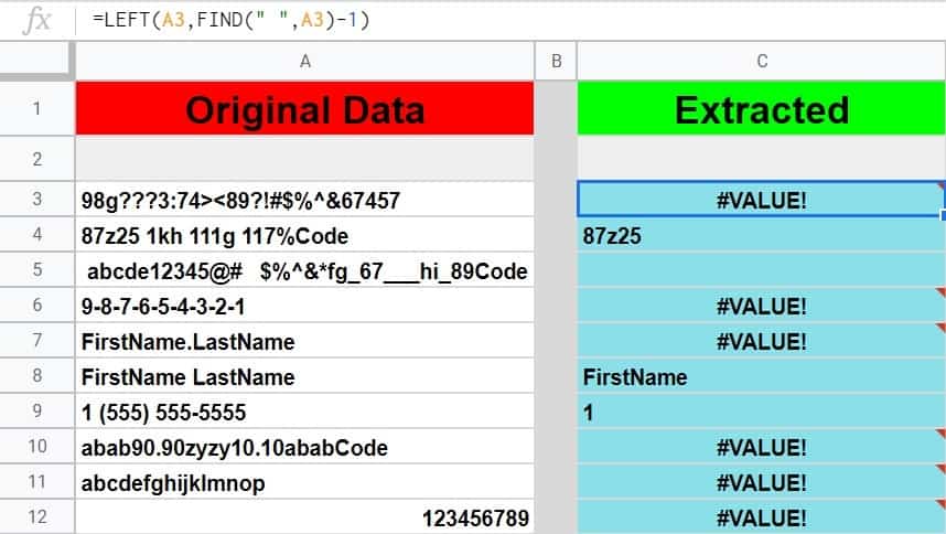 An example of how to extract first name in Google Sheet by using the LEFT and FIND functions (i.e. extract first word from a cell)