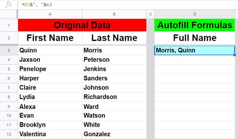 An example showing how to fill a column with formulas in Google Sheets- Example using the & operator- Part 1 before dragging the fill handle down