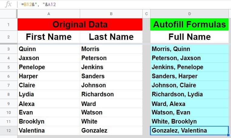 An example showing how to fill a column with formulas in Google Sheets- Example using the & operator- Part 2 after dragging the fill handle down