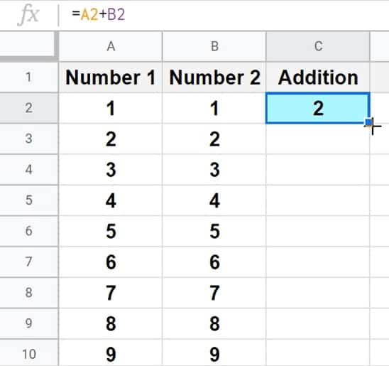 An image showing what the fill handle looks like in Google Sheets, specifically what it looks like when a formula is contained in the example data