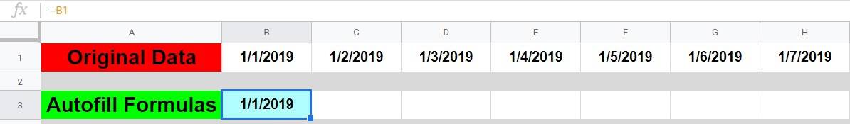 An example that shows how to fill a row with formulas in Google Sheets- Example using cell references from another row- Part 1 before dragging the fill handle right