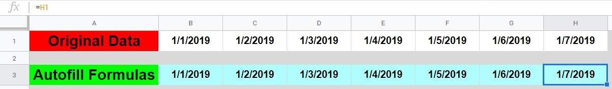 An example that shows how to fill a row with formulas in Google Sheets- Example using cell references from another row- Part 2 after dragging the fill handle right