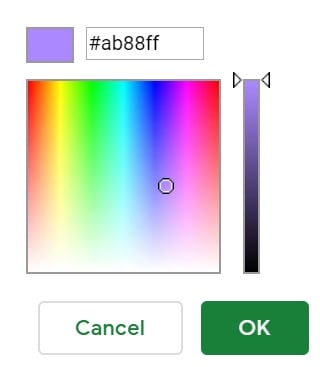 An image of the custom color palette, to demonstrate how to color cells with a custom color in Google Sheets