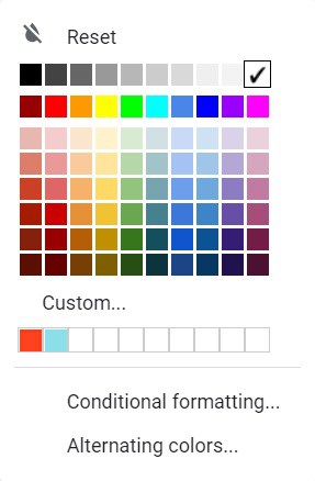 An image of the default color selections, to demonstrate how to color cells in Google Sheets