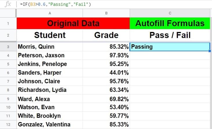 An example of how to copy a formula down an entire column in Google Sheets- Example using the IF function- Part 1 before dragging the fill handle down