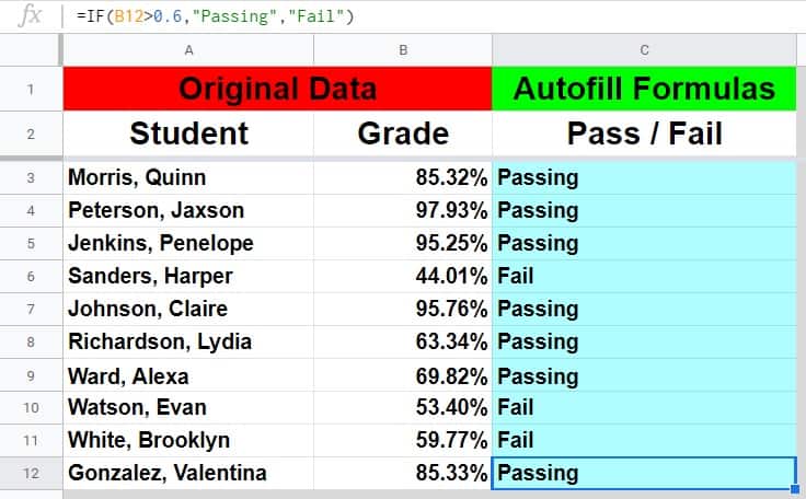 An example of how to copy a formula down an entire column in Google Sheets by using the IF function- Part 2 after dragging the fill handle down