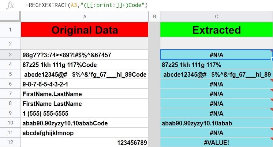 An example of how to extract characters before a suffix in Google Sheets by using the REGEXEXTRACT function