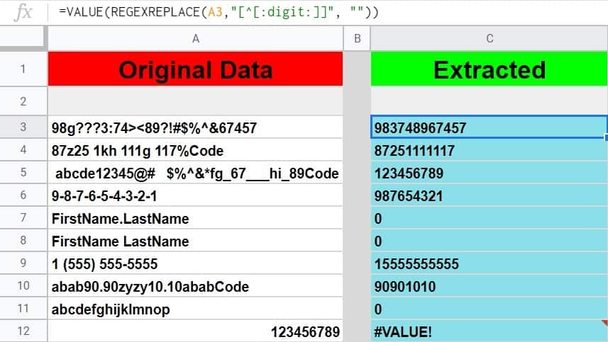 An example of how to extract numbers from a string in Google Sheets by using the REGEXREPLACE function