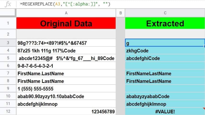 An example of how to extract text from a string in Google Sheets by using the REGEXREPLACE function