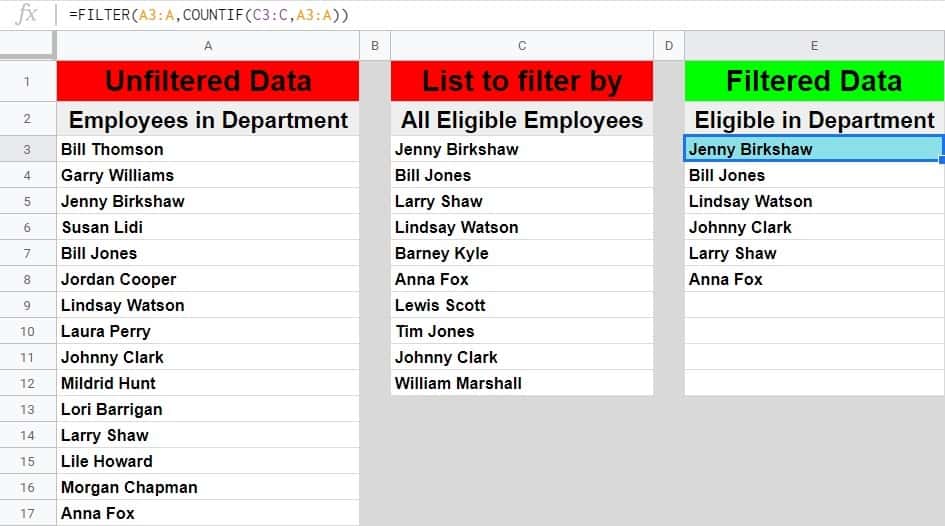 An example of how to filter a list by another list in Google Sheets, or in other words, how to filter a column based on a list- A list of employee names being filtered by another list of employee names