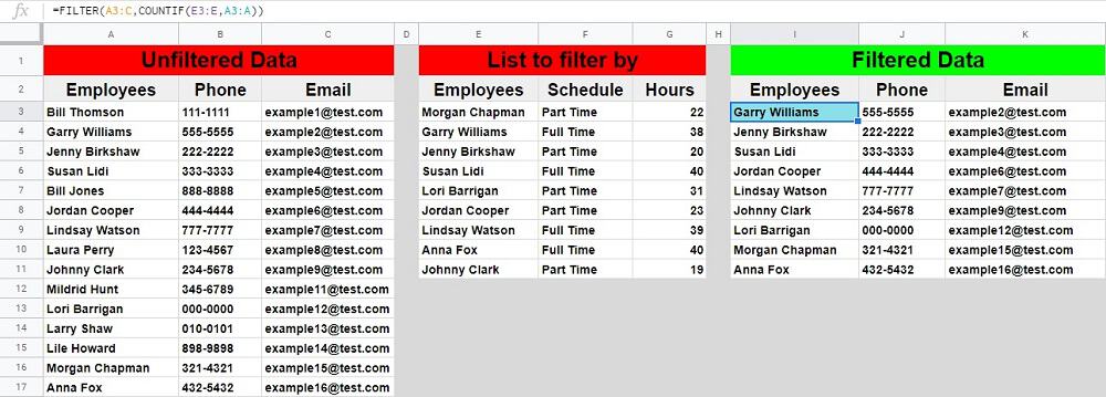 An example of how to filter a range by a column from another range in Google Sheets- Employees and their contact info being filtered by a column from another range that displays work schedule data for employees