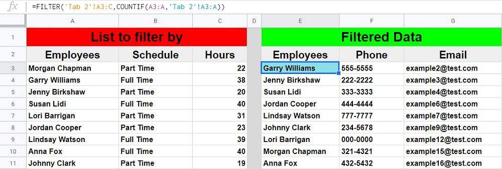 An example of how to filter a range by an array from another sheet in Google Sheets, where the list to filter by and the filter formula are on the same sheet (Tab 1)... and the unfiltered source data is on a separate sheet