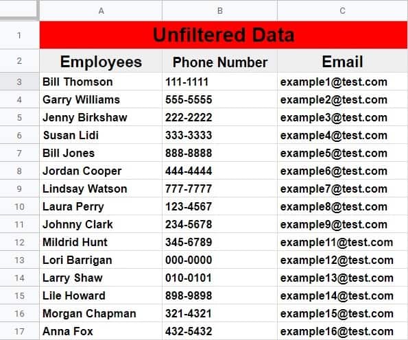 An example of how to filter a range by an array from another sheet in Google Sheets- The unfiltered source data on Tab 2