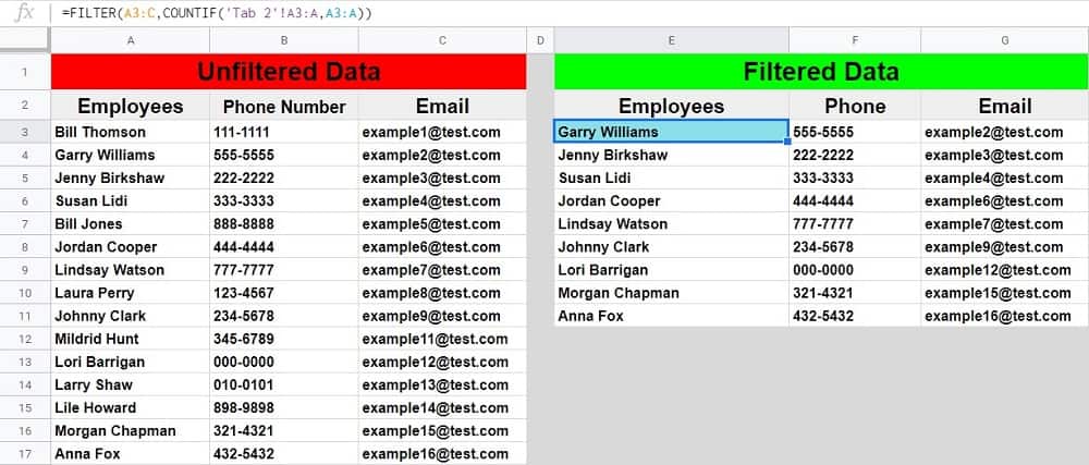 An example of how to filter based on a list from another sheet in Google Sheets, where the unfiltered source data and the filter formula are on the same sheet (Tab 1)... and the list to filter by is on a separate sheet
