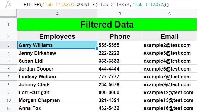 An example of how to filter by a list from another sheet in Google Sheets, where the unfiltered source data is on tab 1, the list to filter by is on tab 2, and the filter formula is on tab 3