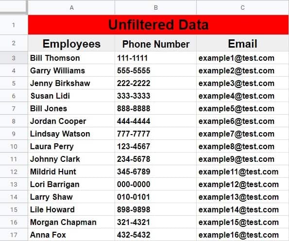 An example of how to filter by a list from another sheet in Google Sheets- The unfiltered source data on Tab 1