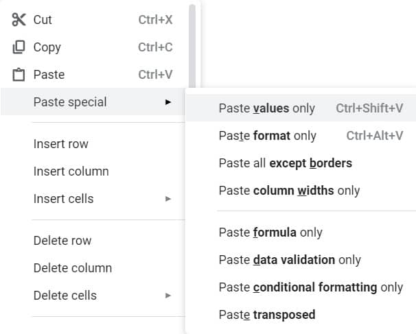 A demonstration of how to copy and paste values only in Google Sheets by right clicking, then clicking on "Paste Special", and then clicking on "Paste values only"